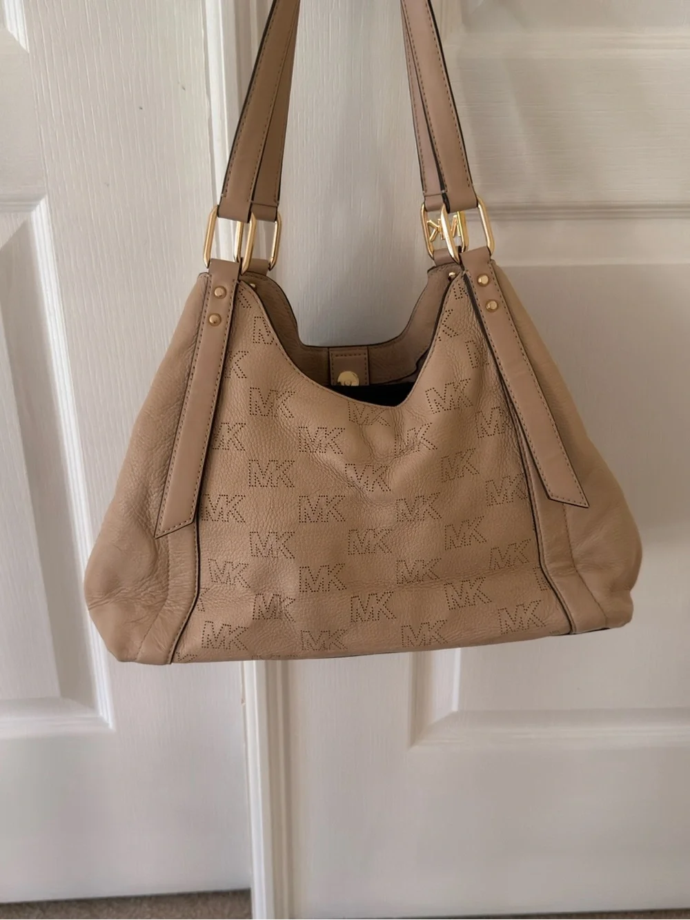 Michael Kors Beige Taupe Perforated MK Leather Hobo with Gold Hardware